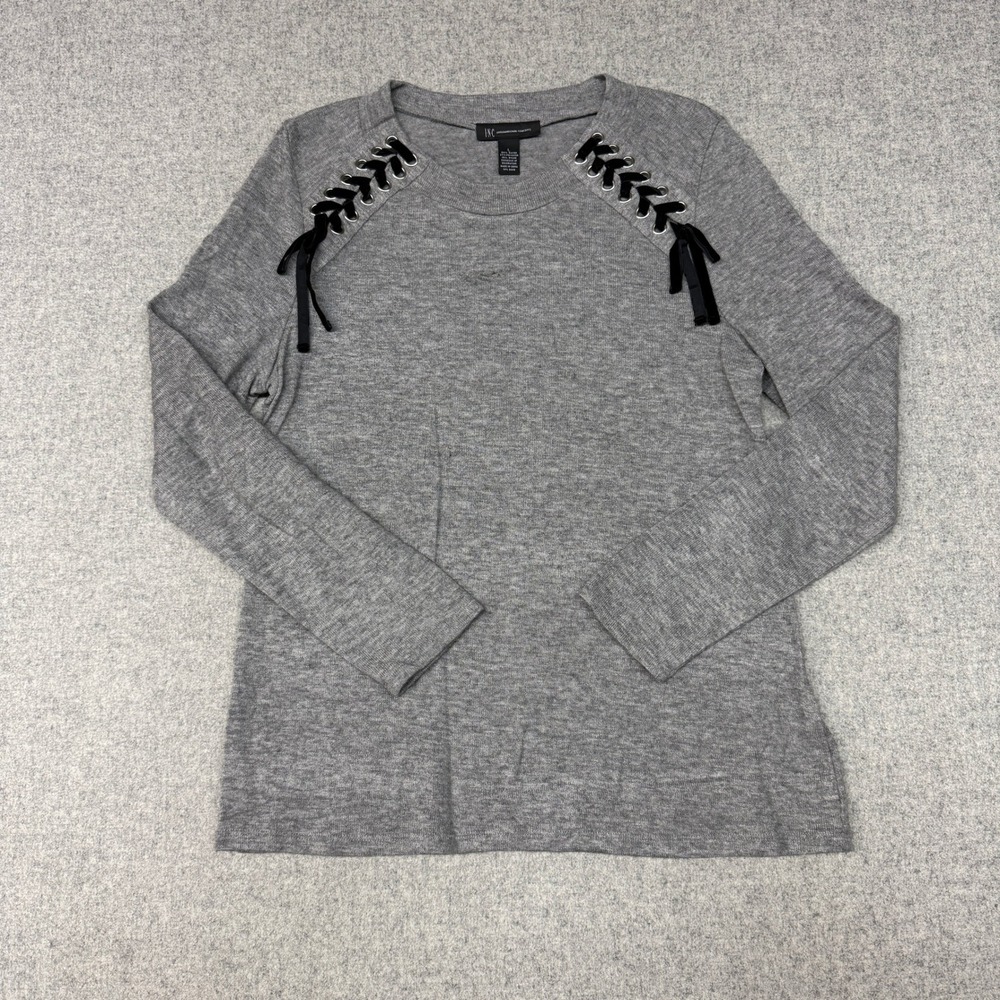 INC International Concepts Top Large Gray Long Sleeve Velvet Lace-Up Shoulder L